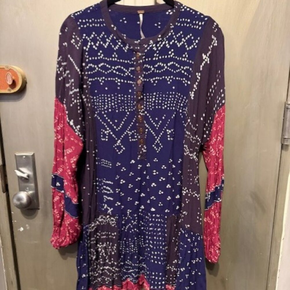 Free People Shibori Swing / Baby Doll Mini Dress with Balloon (Puff) Sleeves - Picture 6 of 16
